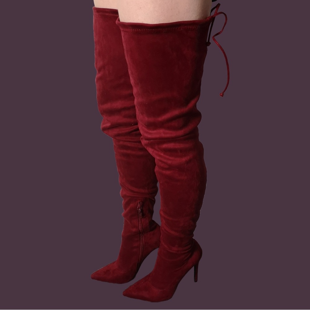 Wine red thigh-high heeled boots with back tie